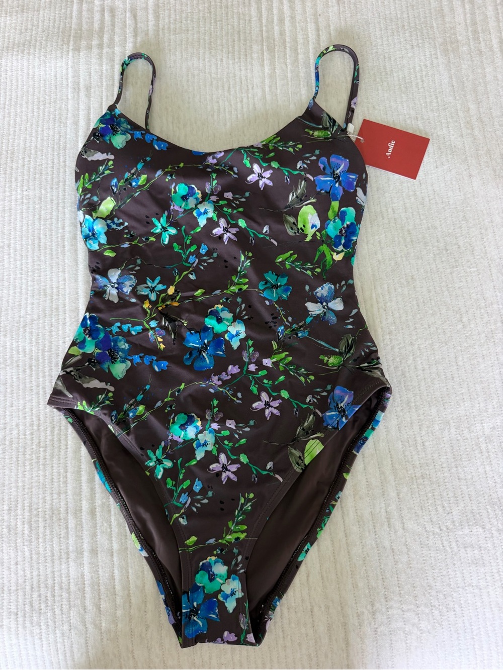 Andie Amalfi Floral Scoop-Neck One-Piece Swimsuit in Brown and Blue, XS, NWT